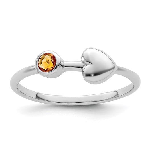 Sterling Silver Rhodium plated Polished Heart Citrine Ring, Size 7