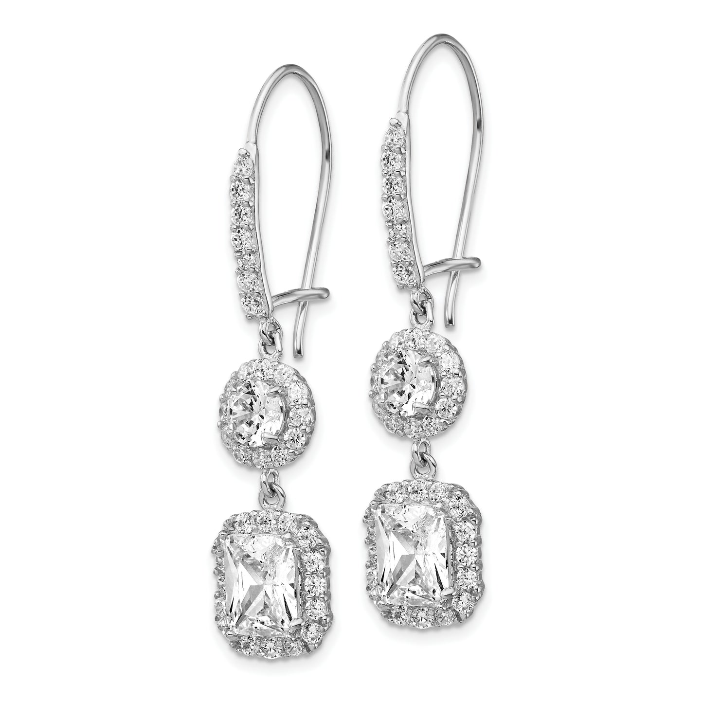 Cheryl M Sterling Silver Rhodium plated Elongated Cushion-cut and Brilliant-cut Cubic Zirconia Halo Kidney Wire Dangle Earrings