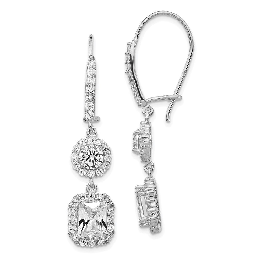 Cheryl M Sterling Silver Rhodium plated Elongated Cushion-cut and Brilliant-cut Cubic Zirconia Halo Kidney Wire Dangle Earrings