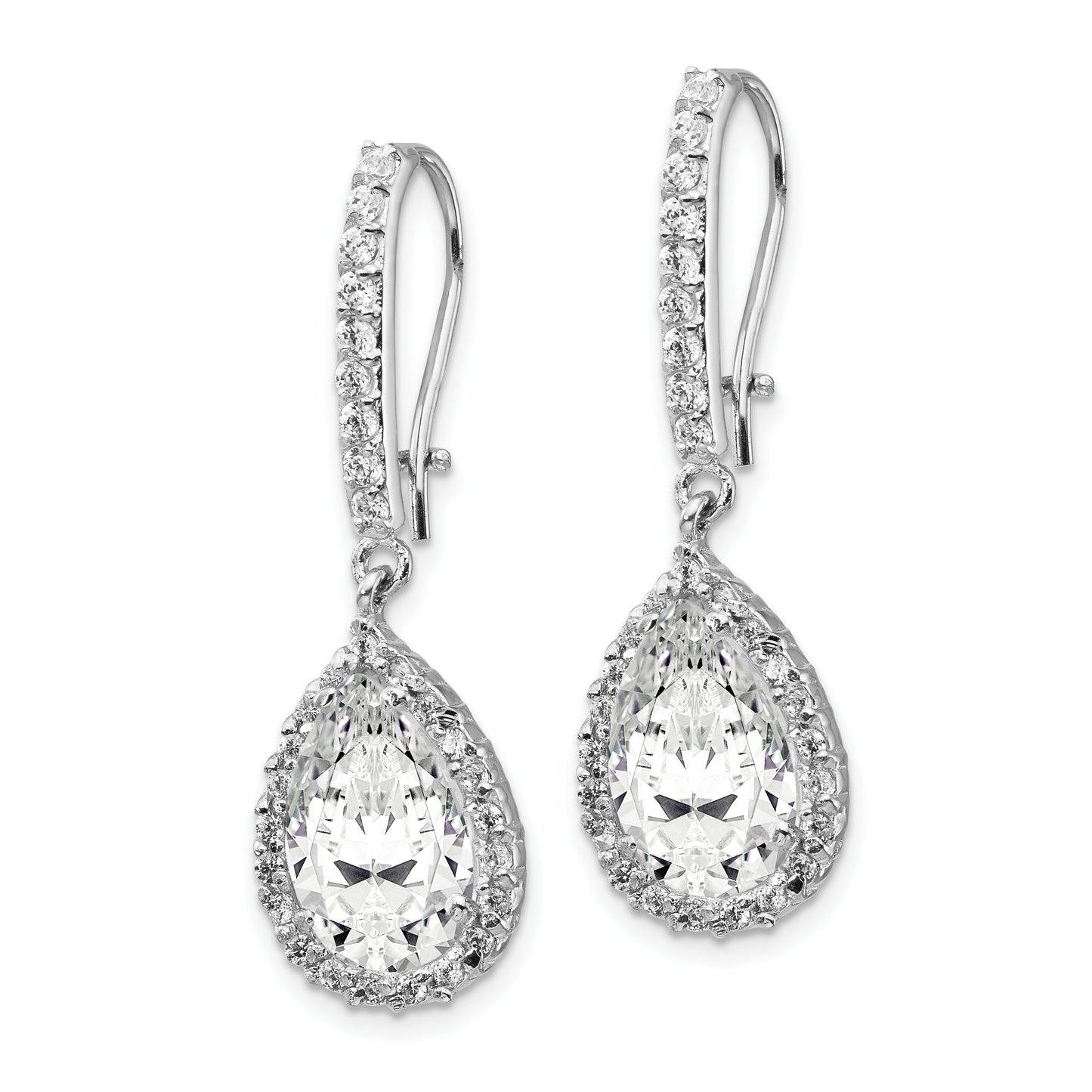 Cheryl M Sterling Silver Rhodium plated Checkerboard-cut Pear Shaped and Brilliant-cut Cubic Zirconia Halo Kidney Wire Dangle Earrings