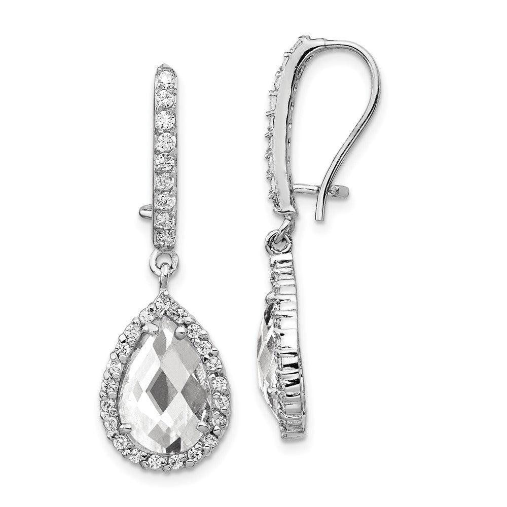 Cheryl M Sterling Silver Rhodium plated Checkerboard-cut Pear Shaped and Brilliant-cut Cubic Zirconia Halo Kidney Wire Dangle Earrings