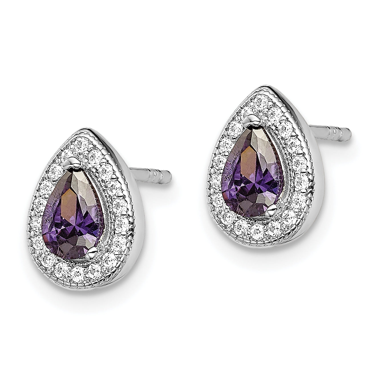 Sterling Silver Rhodium Plated Purple and Clear Cubic Zirconia Earrings, February