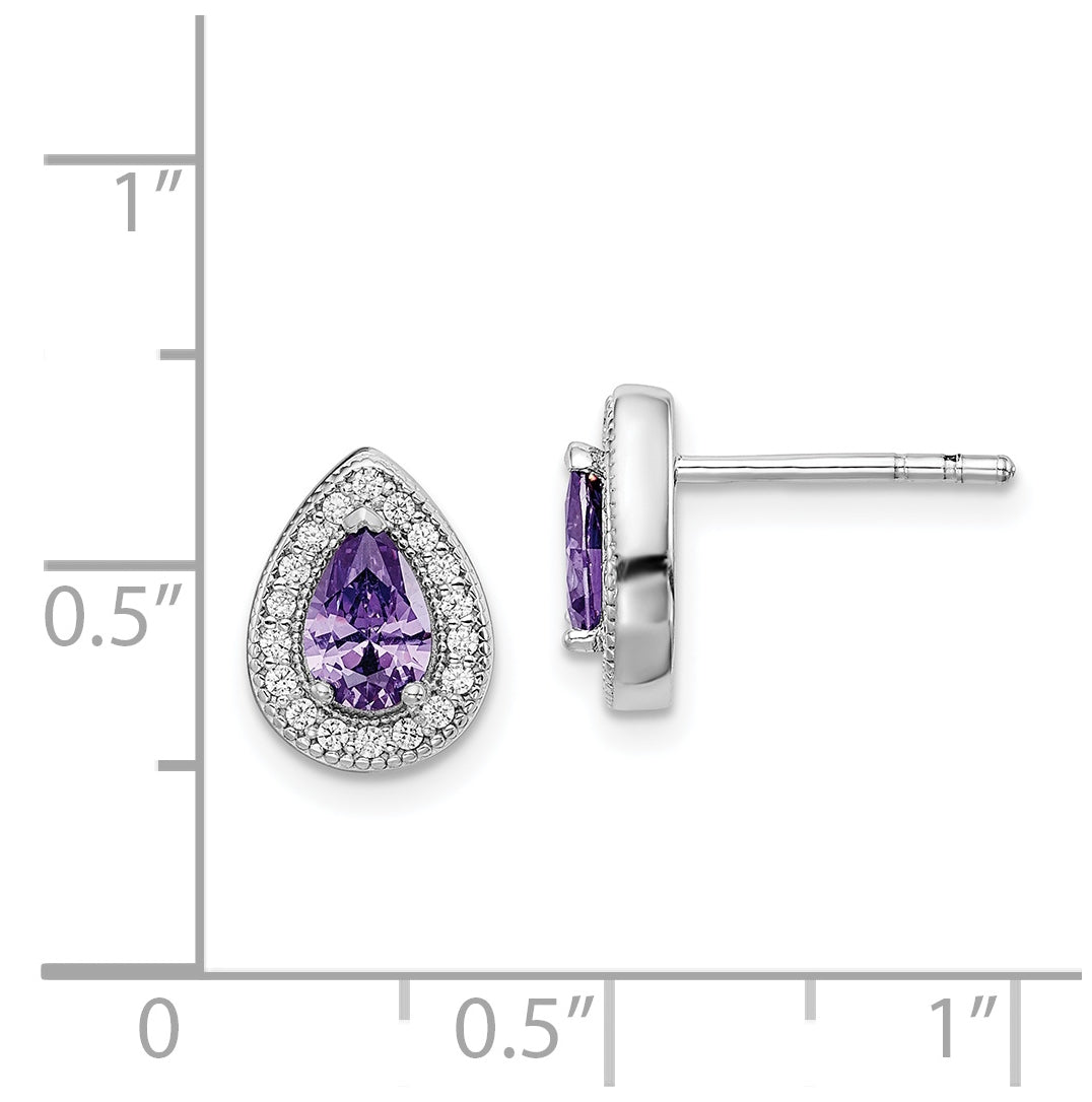 Sterling Silver Rhodium Plated Purple and Clear Cubic Zirconia Earrings, February