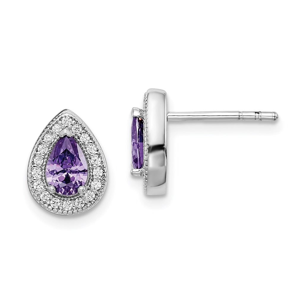 Sterling Silver Rhodium Plated Purple and Clear Cubic Zirconia Earrings, February