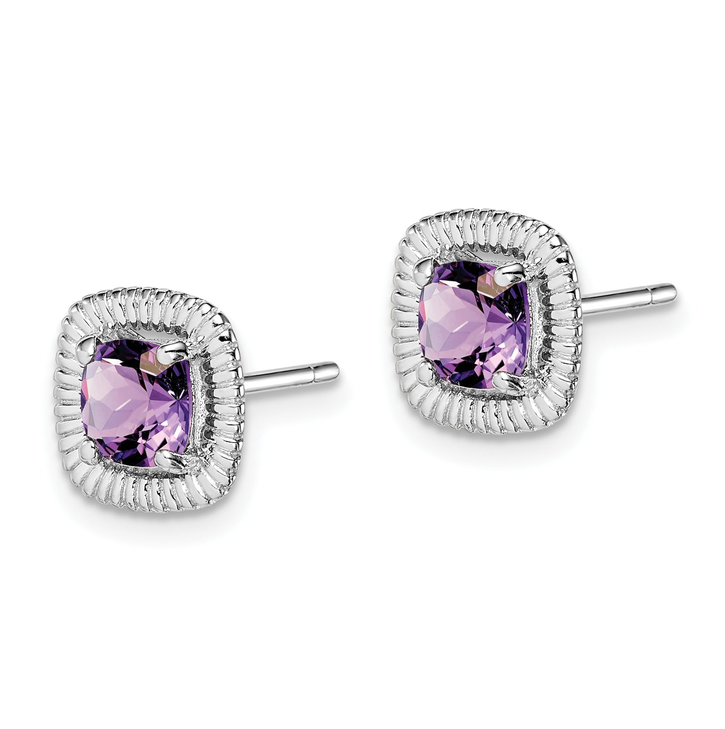 Sterling Silver Rhodium Plated Amethyst Square Post Earrings