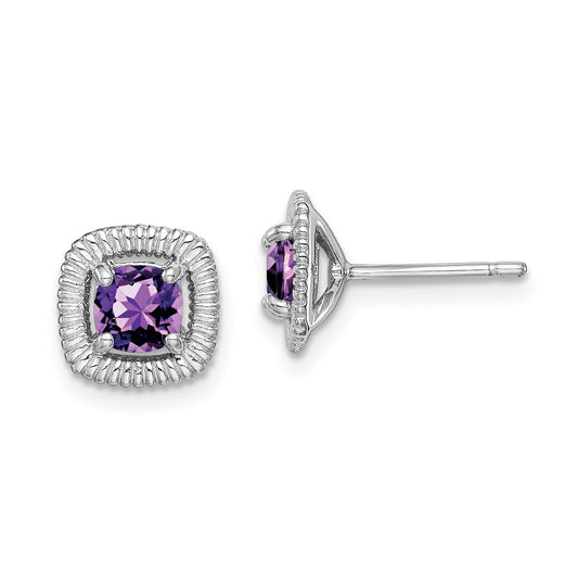 Sterling Silver Rhodium Plated Amethyst Square Post Earrings