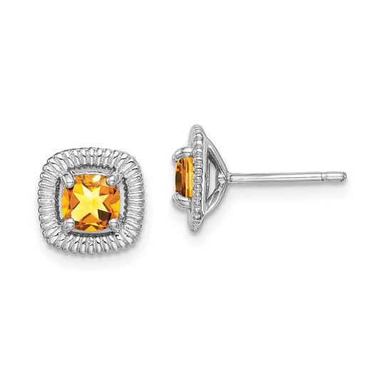 Sterling Silver Rhodium Plated Citrine Square Post Earrings