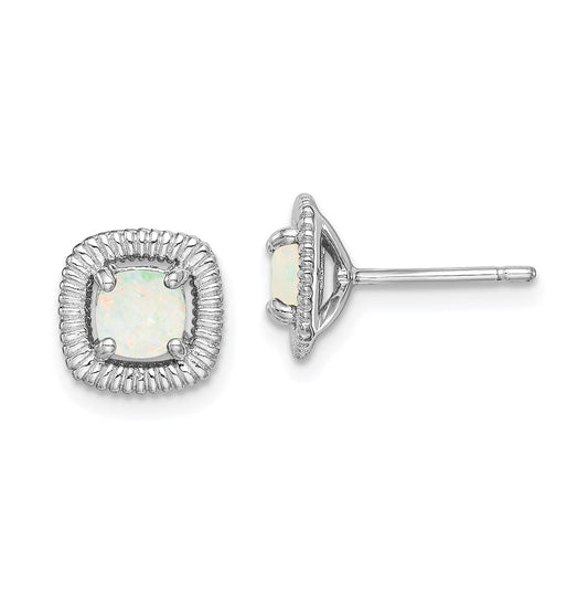 Sterling Silver Rhodium Plated Milky Opal Square Post Earrings