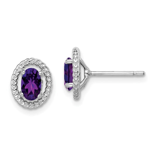 Sterling Silver Rhodium Plated Amethyst Oval Post Earrings