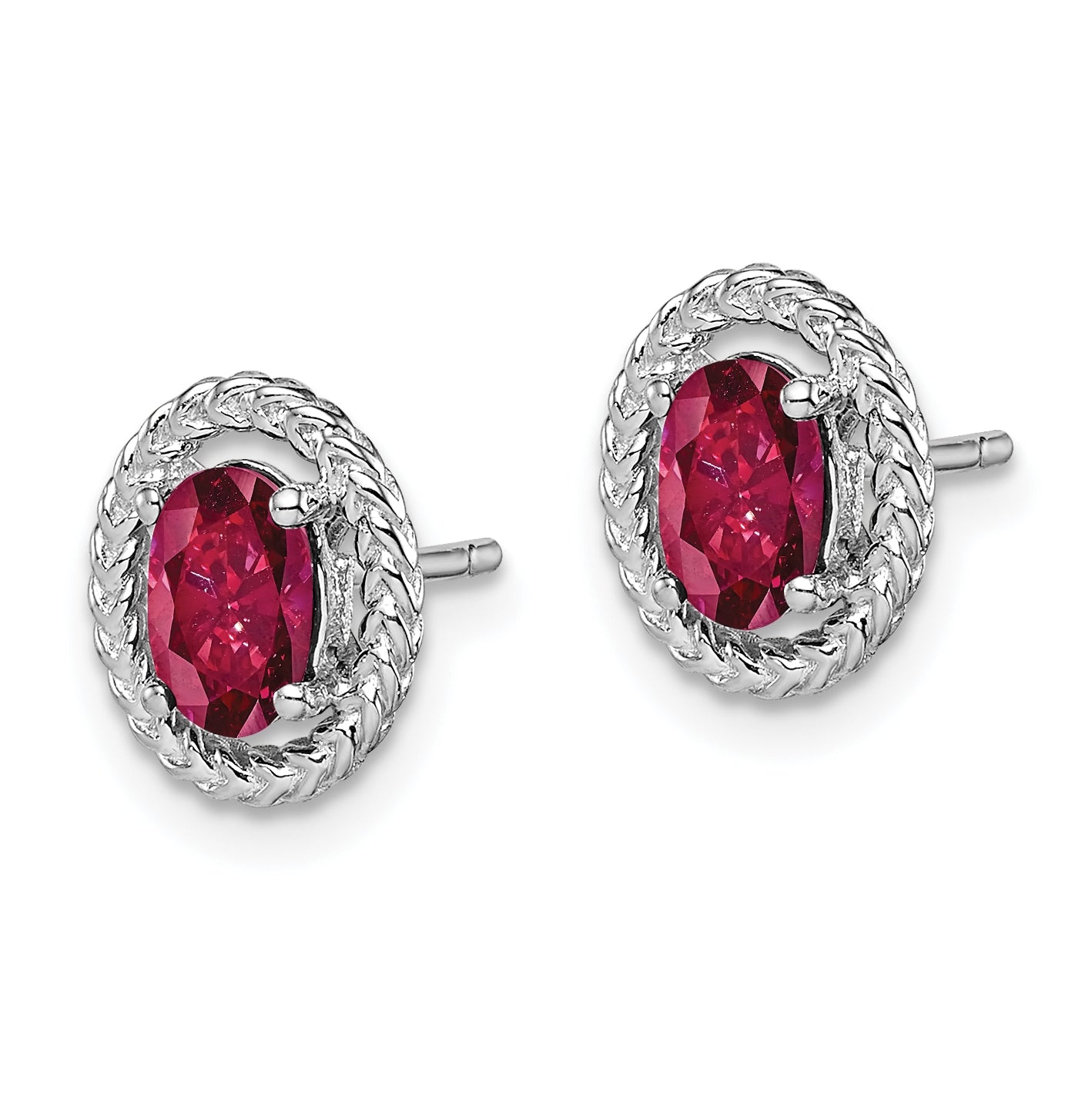 Sterling Silver Rhodium Plated Created Ruby Oval Post Earrings