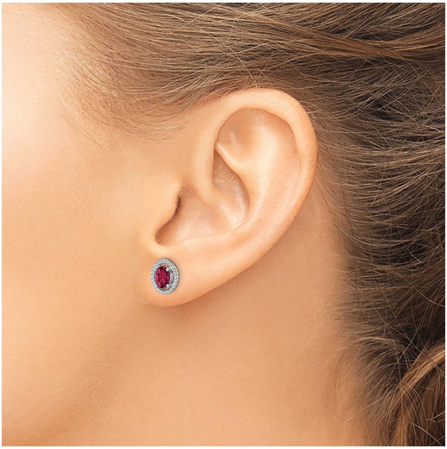 Sterling Silver Rhodium Plated Created Ruby Oval Post Earrings