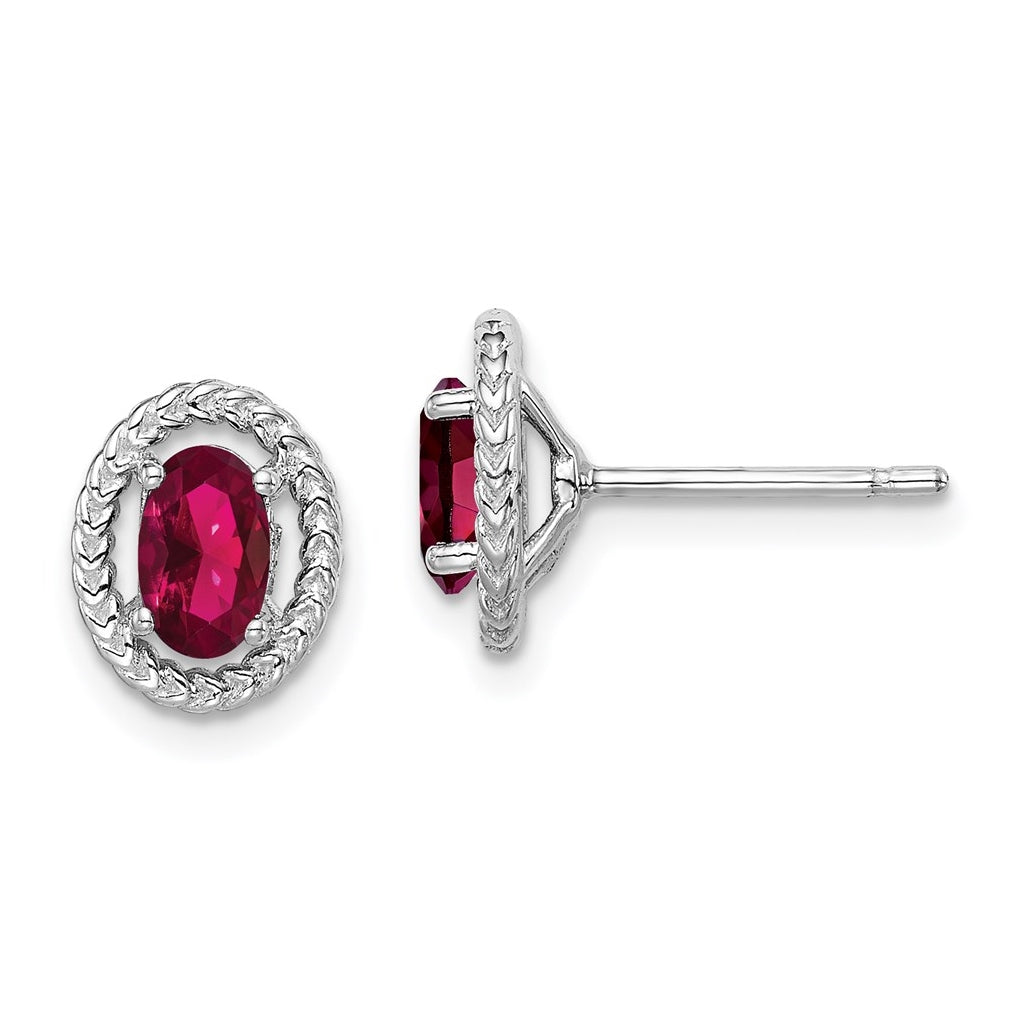 Sterling Silver Rhodium Plated Created Ruby Oval Post Earrings