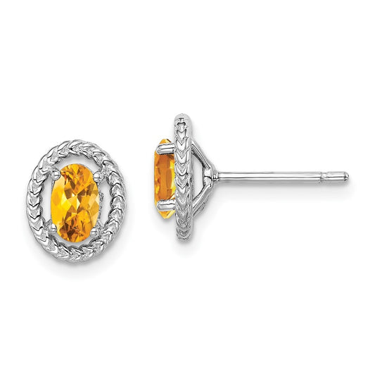 Sterling Silver Rhodium Plated Citrine Oval Post Earrings