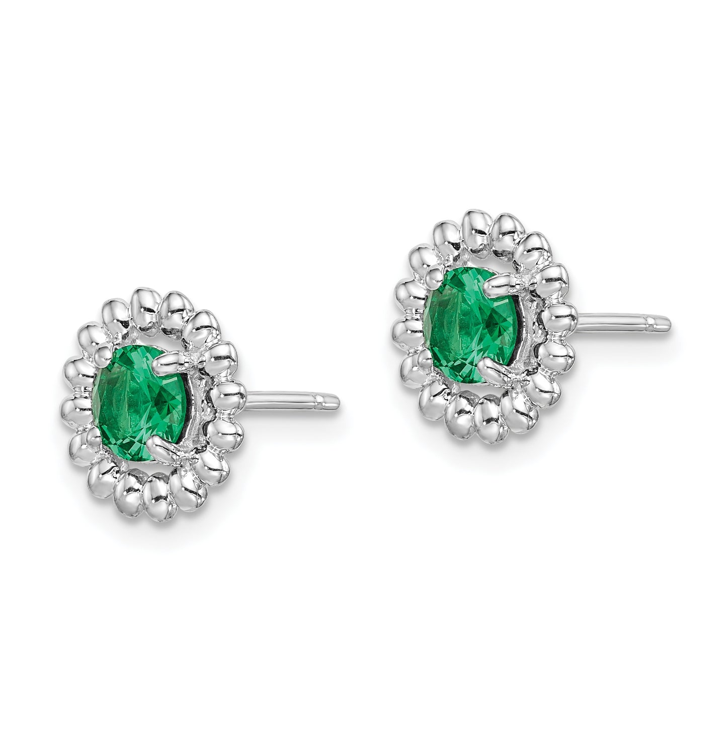 Sterling Silver Rhodium Plated Created Emerald Earrings