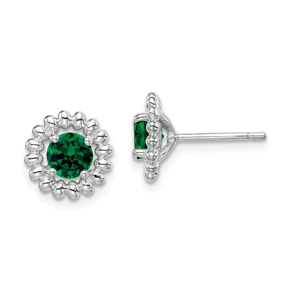 Sterling Silver Rhodium Plated Created Emerald Earrings