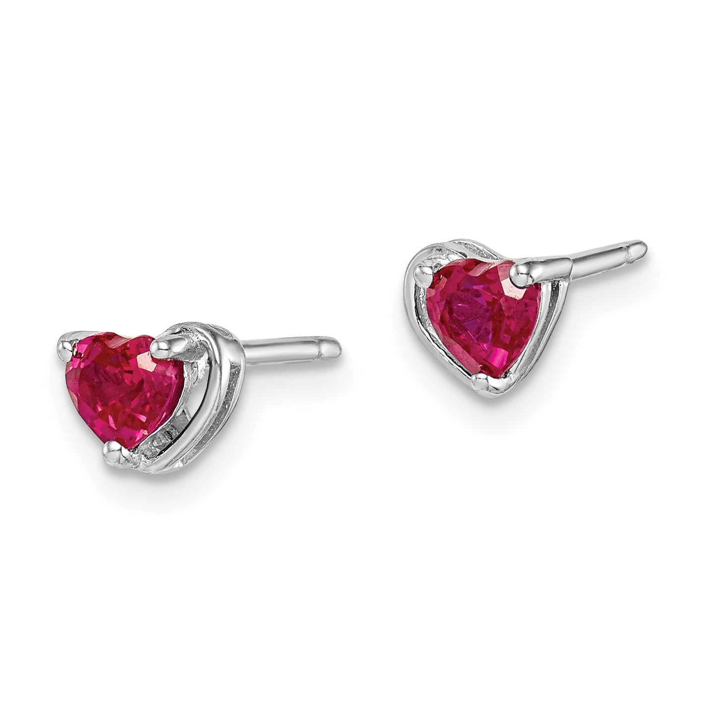 Sterling Silver Rhodium Plated Created Ruby Heart Post Earrings