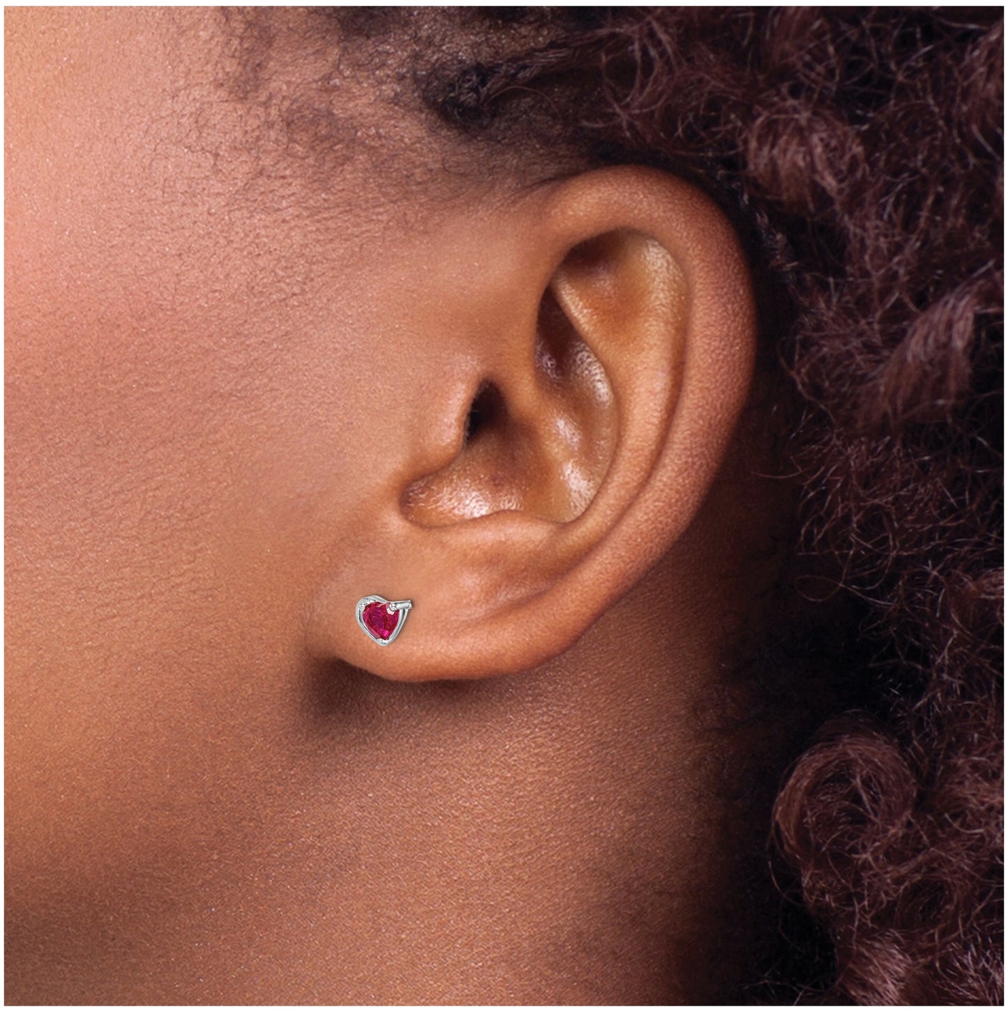 Sterling Silver Rhodium Plated Created Ruby Heart Post Earrings