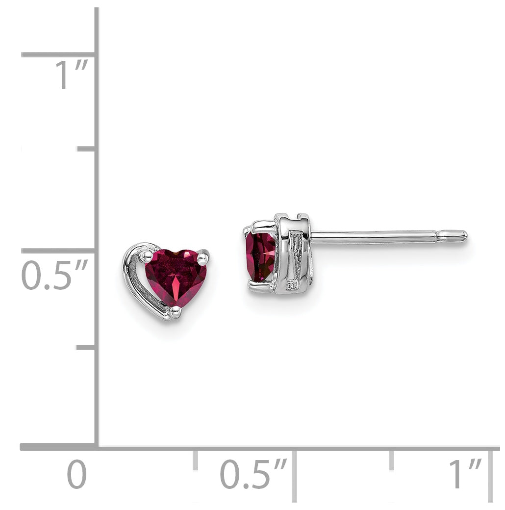 Sterling Silver Rhodium Plated Created Ruby Heart Post Earrings