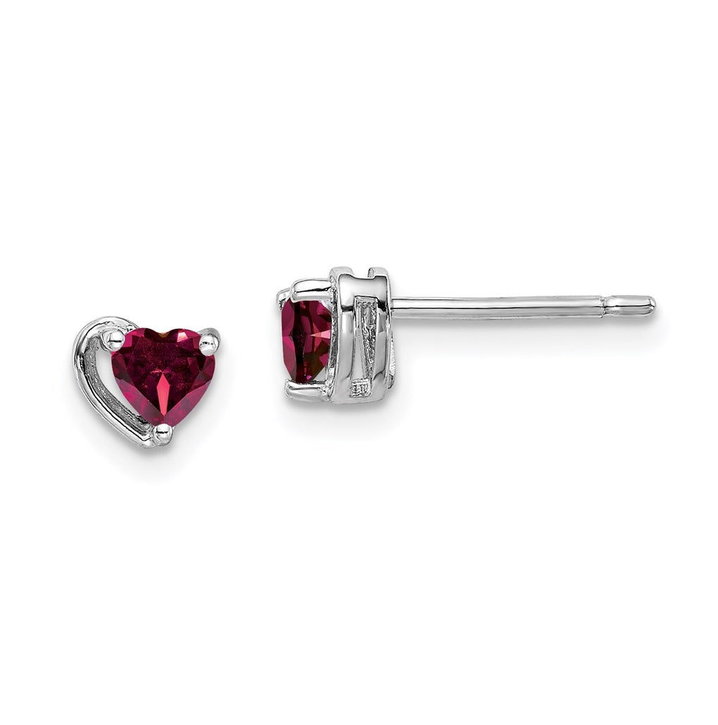 Sterling Silver Rhodium Plated Created Ruby Heart Post Earrings