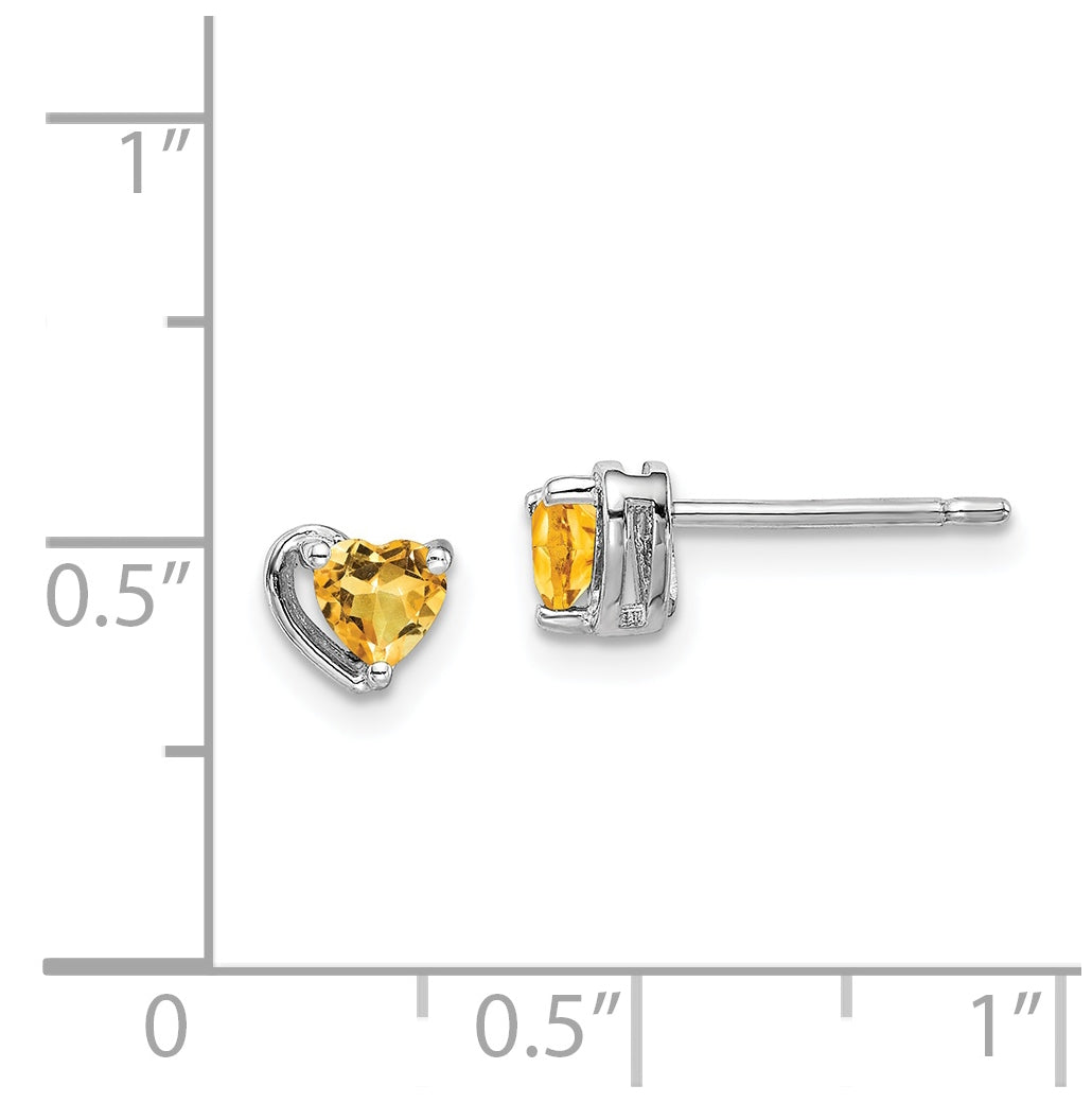 Sterling Silver Rhodium Plated Citrine Heart Post Earrings