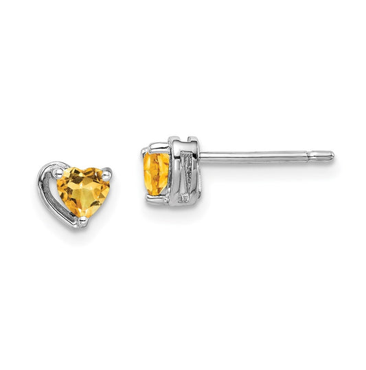 Sterling Silver Rhodium Plated Citrine Heart Post Earrings