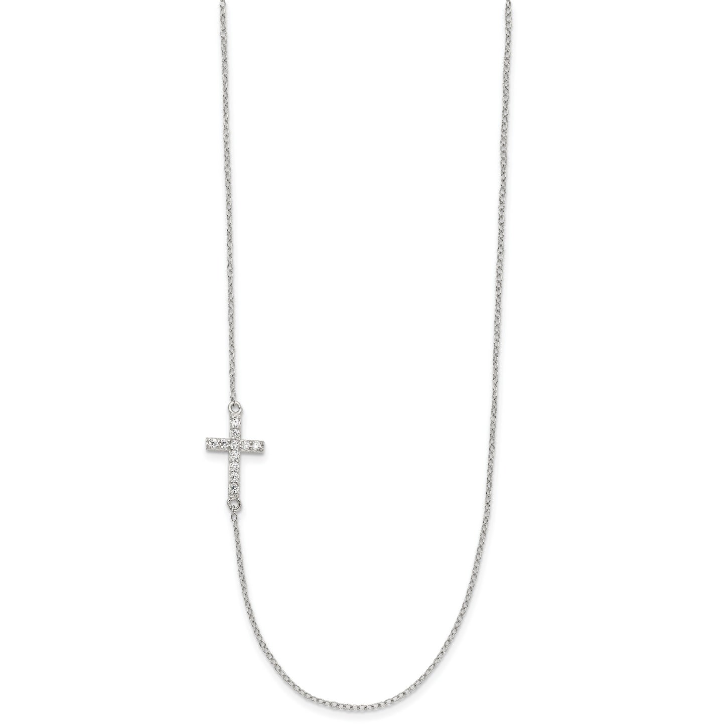 Sterling Silver Rhodium Plated Cubic Zirconia Offset Sideways Cross with 2in Ext Necklace