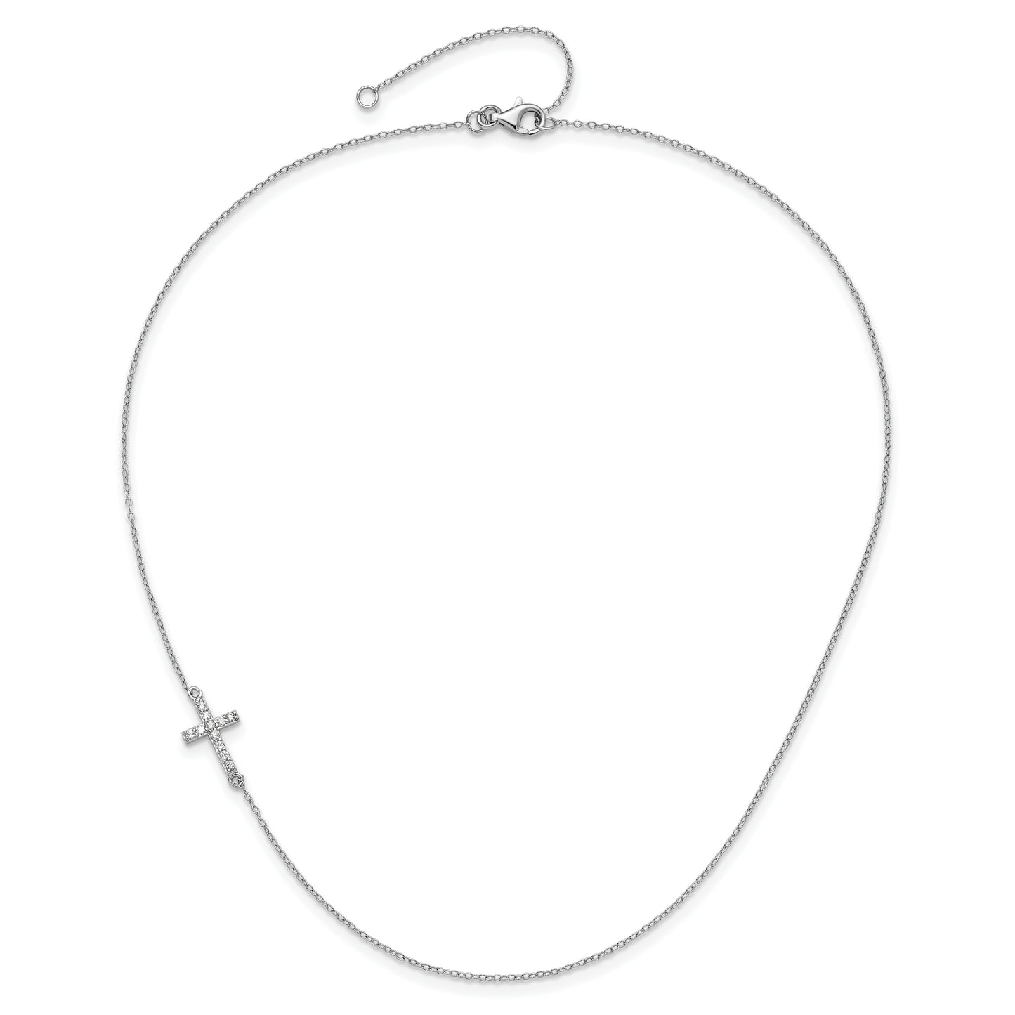 Sterling Silver Rhodium Plated Cubic Zirconia Offset Sideways Cross with 2in Ext Necklace