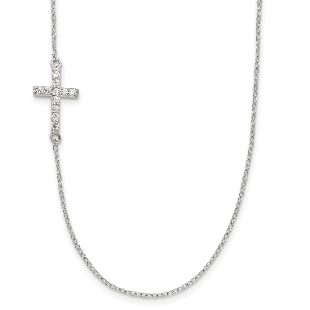 Sterling Silver Rhodium Plated Cubic Zirconia Offset Sideways Cross with 2in Ext Necklace