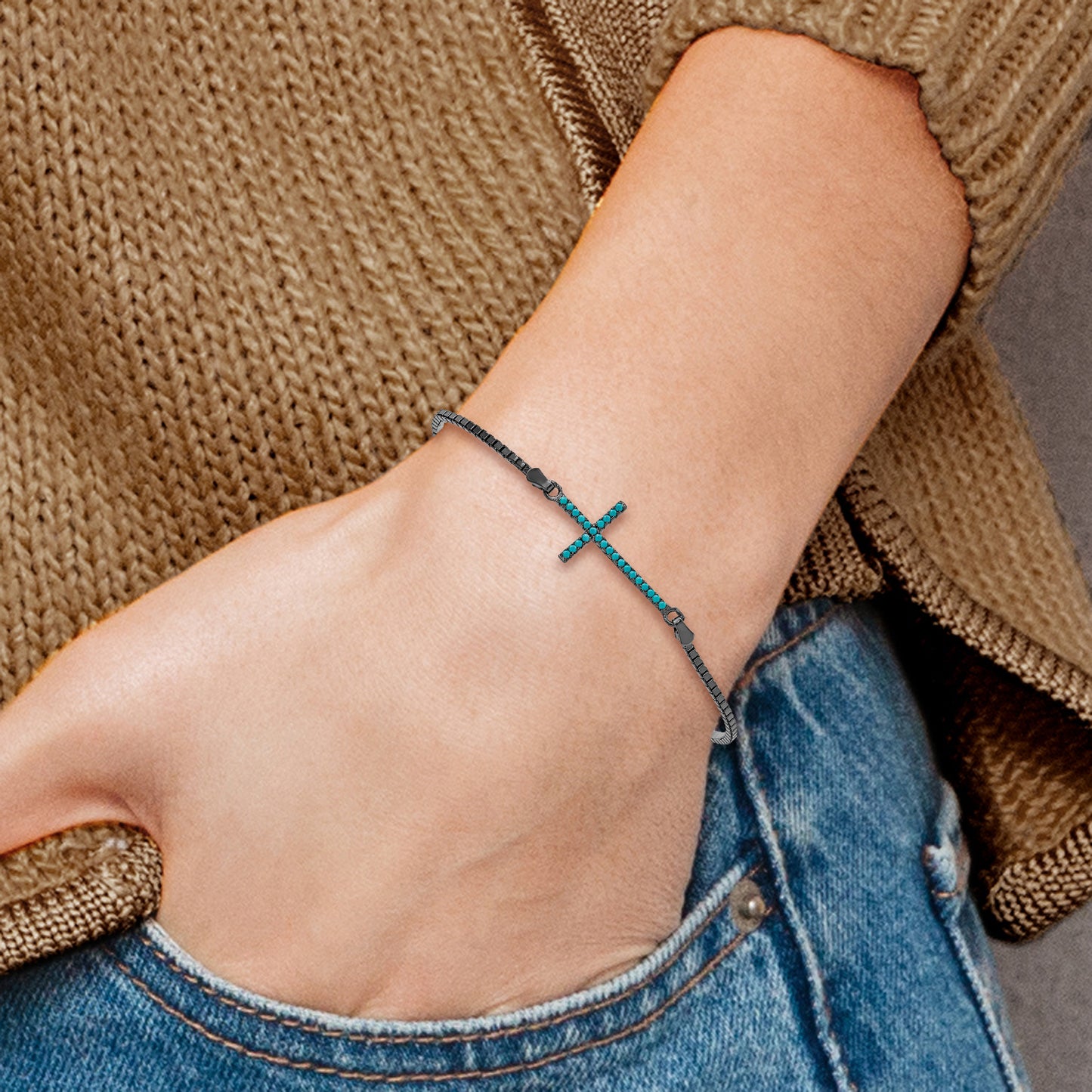 Sterling Silver Black-Rhodium Dyed Howlite Cross Adjust. Bracelet