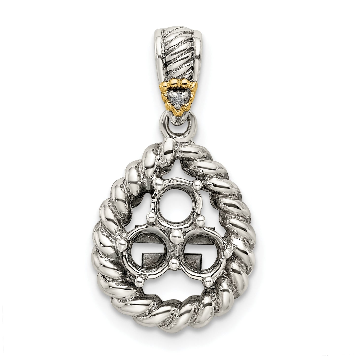 Sterling Silver Antiqued with 14k 3-stone with Diamond Mothers Pendant Semi Mount