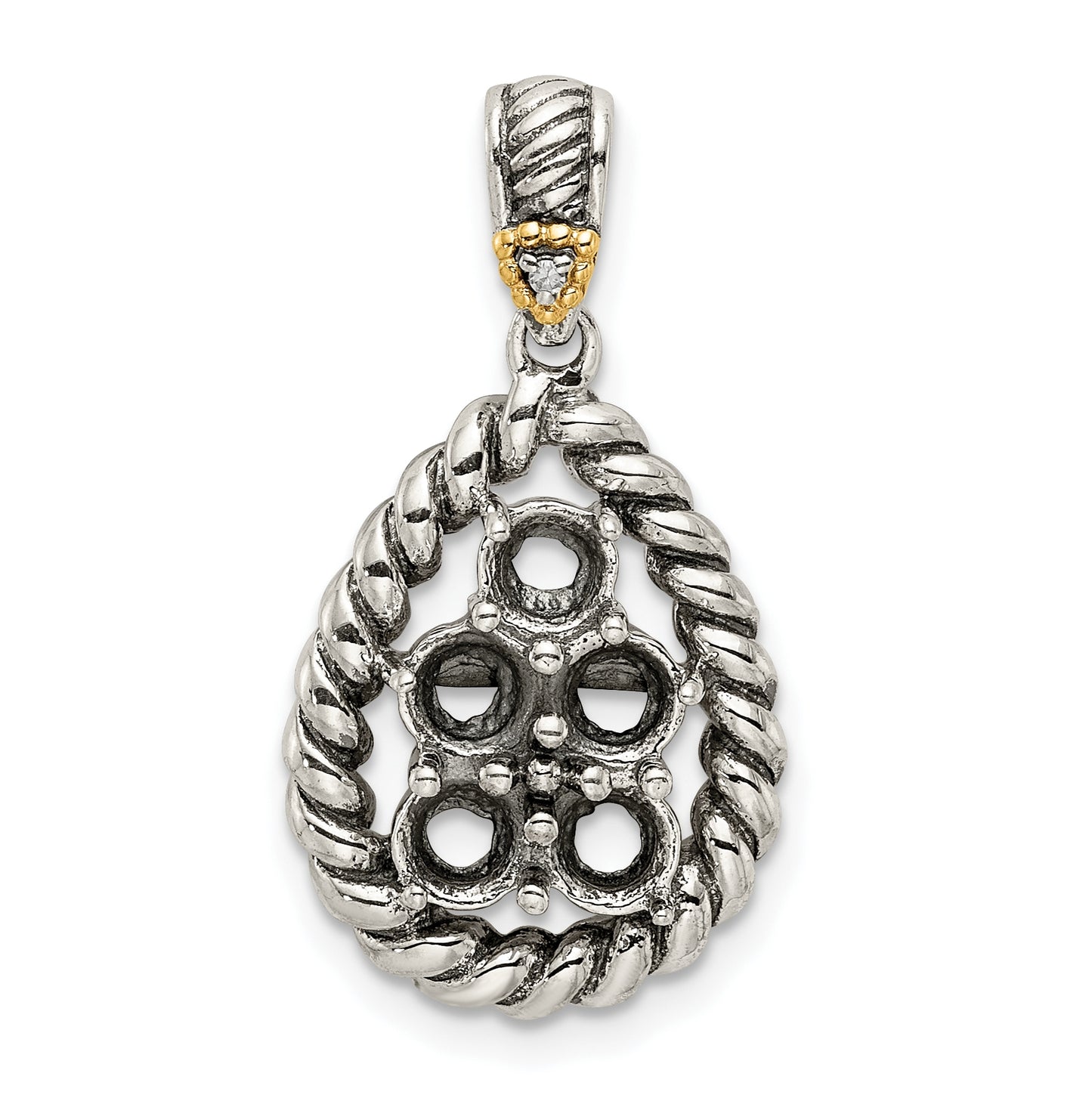 Sterling Silver Antiqued with 14k 5-stone with Diamond Mothers Pendant Semi Mount