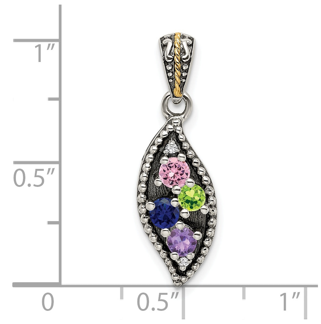 Sterling Silver Antique with 14k 4-stone with Diamond Family Pendant with 18in Chain