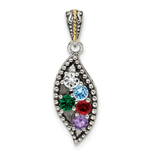 Sterling Silver Antique with 14k 5-stone with Diamond Family Pendant with 18in Chain