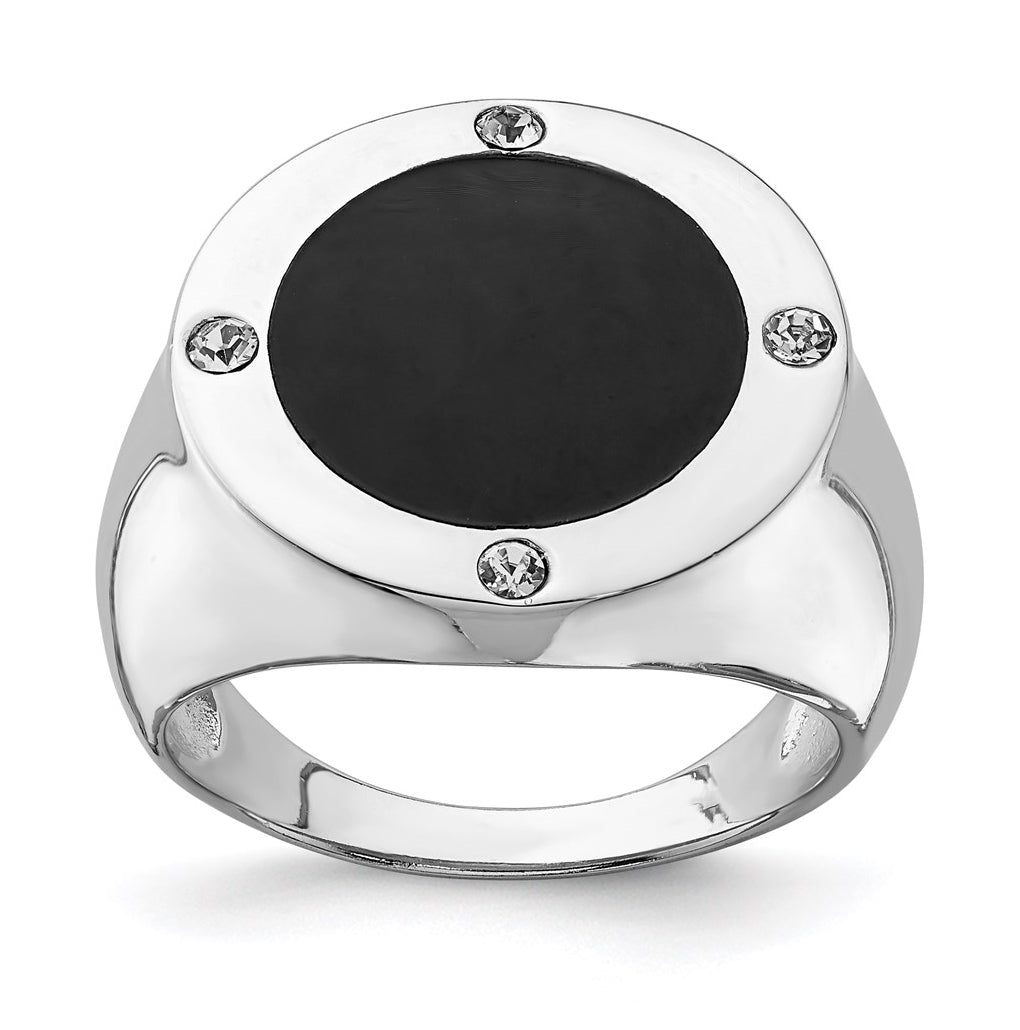 Sterling Silver Rhodium Plated Black Simulated Onyx & Cubic Zirconia Ring, Size 11