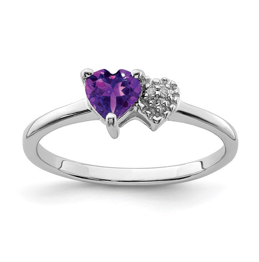 Sterling Silver Rhodium plated Polished Amethyst and Diamond Ring, Size 6