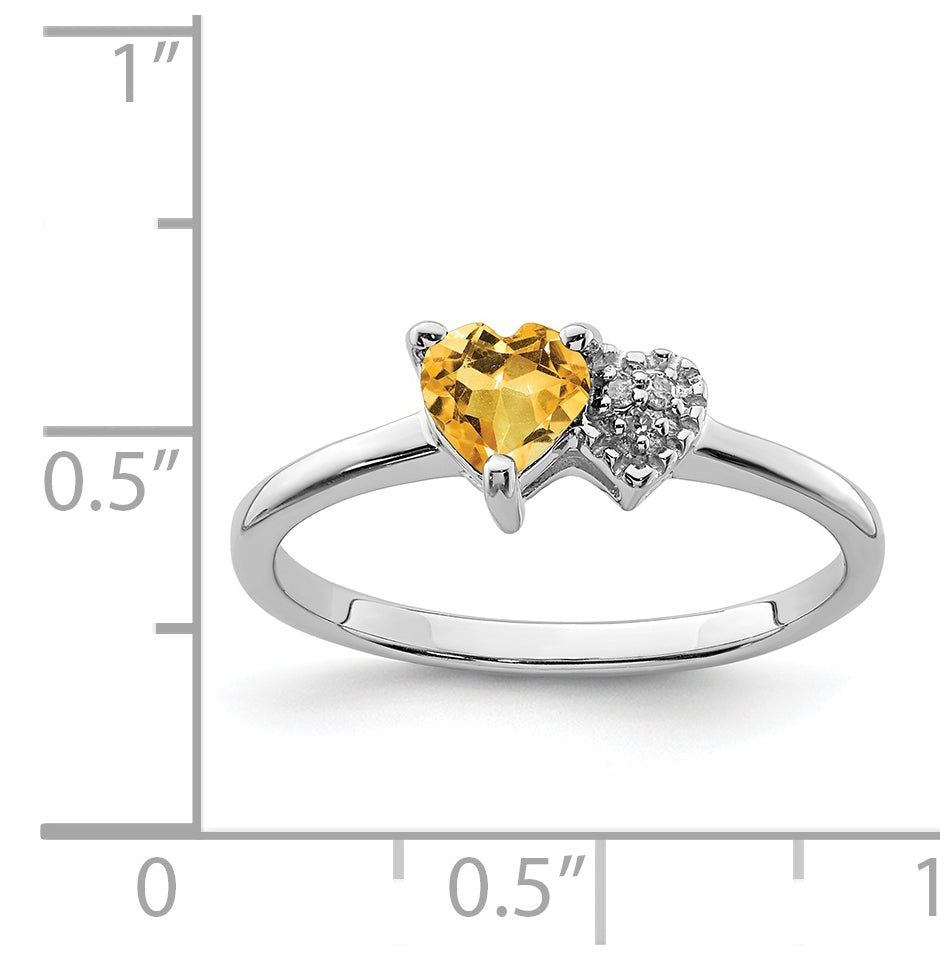 Sterling Silver Rhodium plated Polished Citrine and Diamond Ring, Size 6