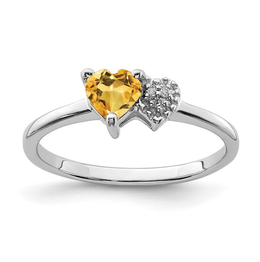 Sterling Silver Rhodium plated Polished Citrine and Diamond Ring, Size 6