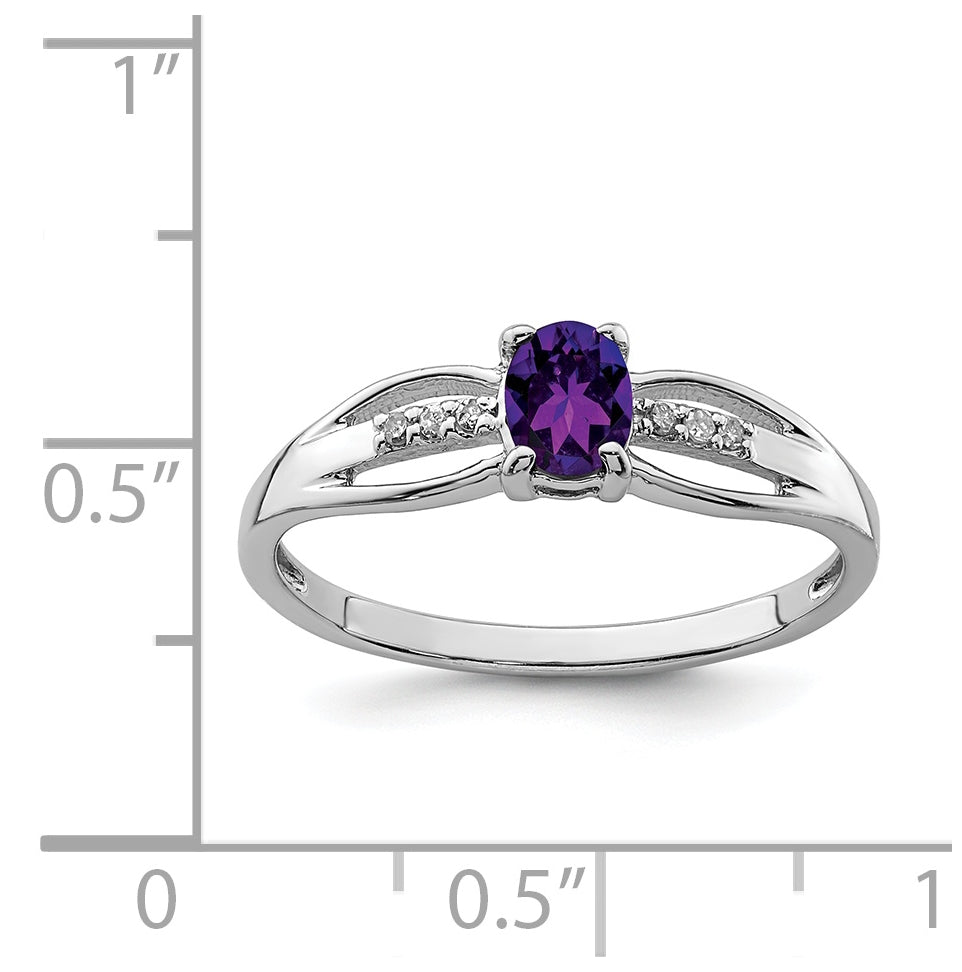 Sterling Silver Rhodium Plated Diamond Amethyst Ring, Size 6