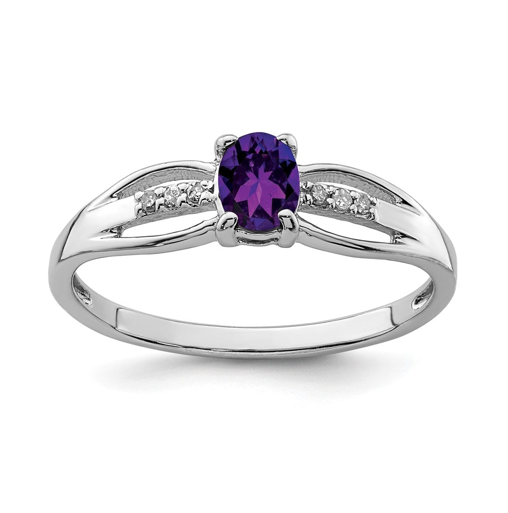 Sterling Silver Rhodium Plated Diamond Amethyst Ring, Size 6