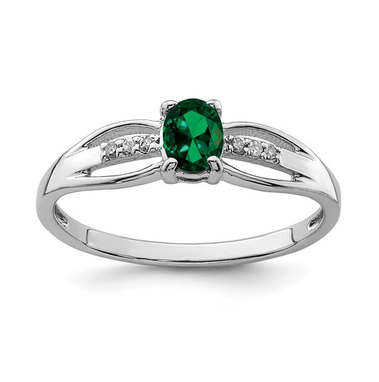 Sterling Silver Rhodium Plated Diamond Created Emerald Ring, Size 6