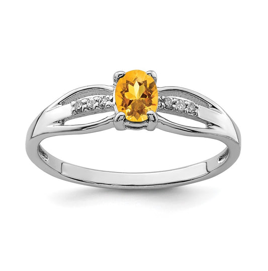 Sterling Silver Rhodium Plated Diamond Citrine Ring, Size 6