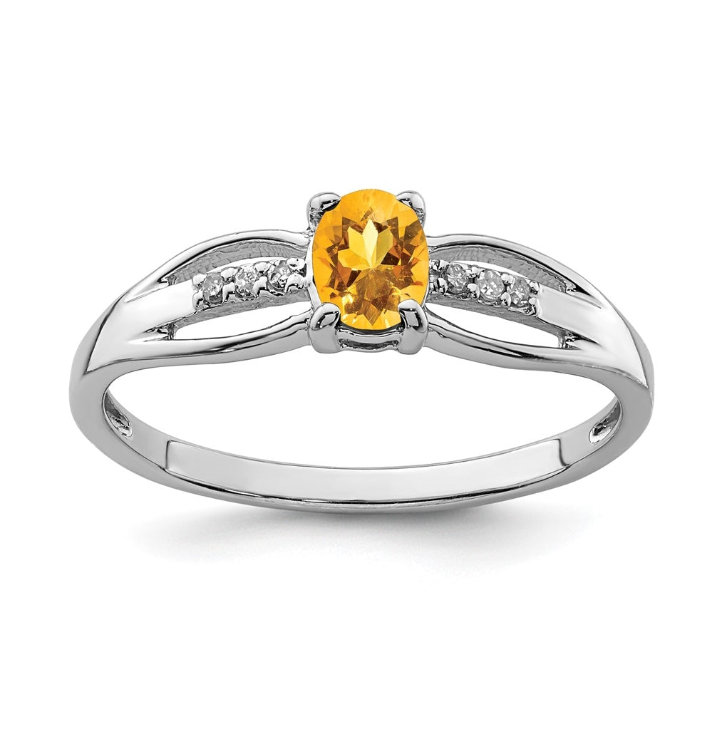 Sterling Silver Rhodium Plated Diamond Citrine Ring, Size 7