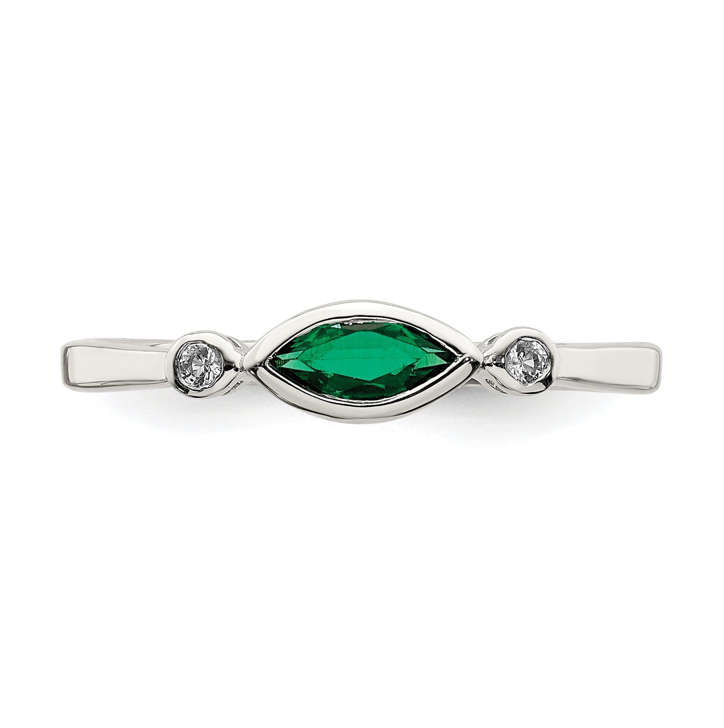 Sterling Silver Rhodium Platedd Polished Created Emerald/White Topaz Ring, Size 6