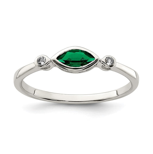 Sterling Silver Rhodium Platedd Polished Created Emerald/White Topaz Ring, Size 6