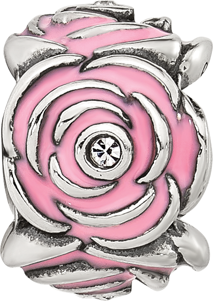 Sterling Silver Reflections Pink Enamel and Cubic Zirconia Floral Bead