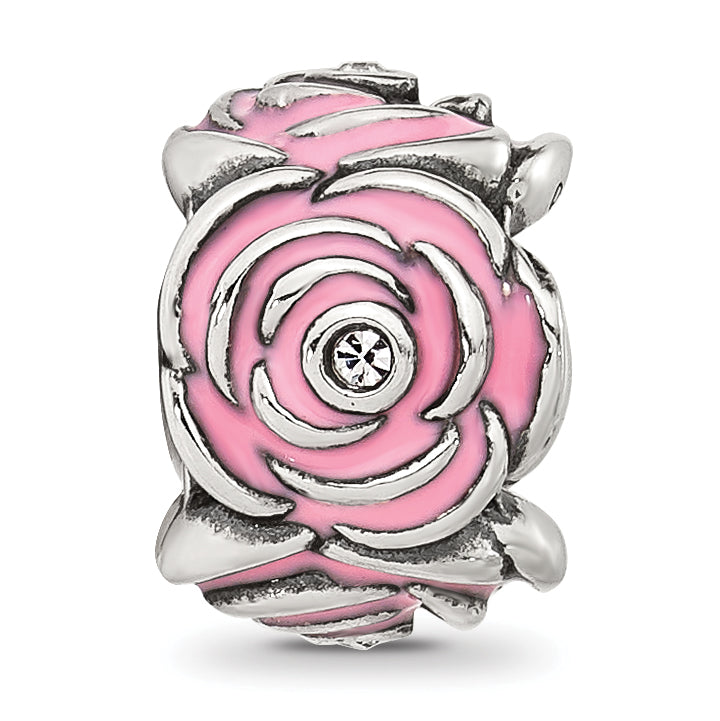 Sterling Silver Reflections Pink Enamel and Cubic Zirconia Floral Bead