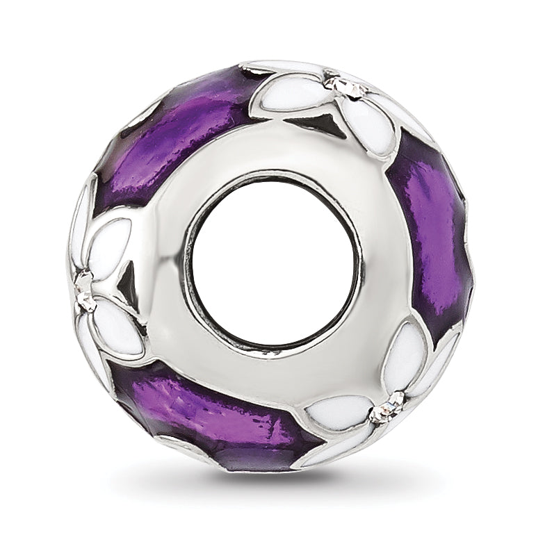 Sterling Silver Reflections Purple and White Enamel and Cubic Zirconia Floral Bead