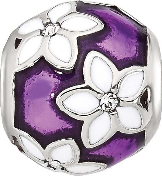 Sterling Silver Reflections Purple and White Enamel and Cubic Zirconia Floral Bead