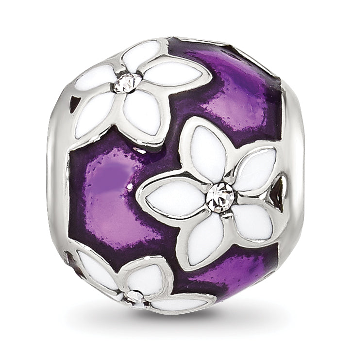 Sterling Silver Reflections Purple and White Enamel and Cubic Zirconia Floral Bead