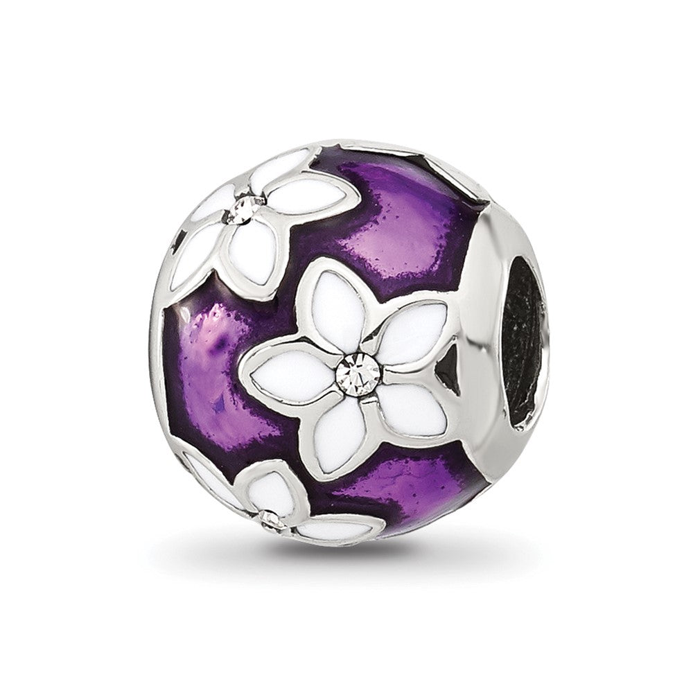 Sterling Silver Reflections Purple and White Enamel and Cubic Zirconia Floral Bead